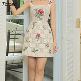 Embroidery Flower Mini Dress Women 2023 Slash Collar Strapped Bodycon Dress Vacation A-line Vintage Party Vestido