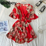 Women Rompers casual wide leg pants overalls short sleeve v neck solid playsuits summer beach chiffon ruffle