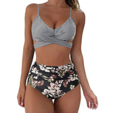 Waist Bikini Set 2020 Sexy Plaid Printed Biquini Swimwear Women Two Pieces Swimsuit Floral Beachwear V-neck Bathing