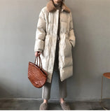 New women's winter down jacket faux rabbit fur collar long drawstring slim zipper ladies chic coat loose oversize outwear