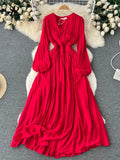 Bohemian Women Summer Long Dress 2022 Elastic Waist V Neck Retro Temperament Ladies A Line Ruched Chic
