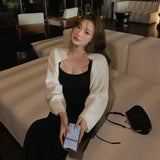 Long-sleeved Women Knitted Cardigan 2 Piece Set Sleeveless Backless Dress Elegant Crop Top Sweater Suits Fall