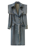 Fashion Women's Denim Jackets Loose Big Double Layer Collar Single Breasted Long Sleeve Sashes Coat Winter 2023 New