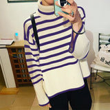 2021 Women Turtleneck Knitted Striped Sweater Autumn Winter New Clothes Ladies Korean Casual Loose Split Pullover Top