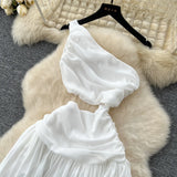 Spring New French Atmosphere Temperament Hollow Exposed Waist Thin Shoulder Irregular Chiffon Dress