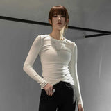 Women Black White Ruffles Fold Slim Casual T-shirt New Round Neck Long Sleeve Fashion Tide Spring Autumn 2023