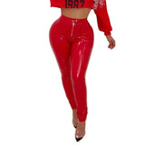 Toloer PVC High Waist Slim Leather Pants Women's Sexy Bright Leather Pants No Odor Size Accurate-Outfit