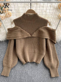 Fashion Off Shoulder Knit Pullover Stand Neck Korean Lantern Sleeve Design 2022 Autumn Retro Sweater Knitwear