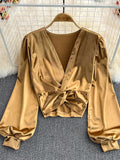 Spring Autumn Sexy Satin Blouse Women Elegant V-Neck Twist Lantern Long Sleeve Party Tops Female Elegant Gold/Black Blusas