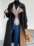 Women Black Color-block Big Size Long Trench New Lapel Long Sleeve Windbreaker Fashion Tide Spring Autumn 2023