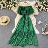 Sexy Slash Neck Chiffon Long Dress Women Red/Green/Purple Irregular Ruffle Short Sleeve High Waist Beach Vestidos Female
