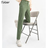 Women Corduroy Trousers 2022 Winter Back Waist Elastic Straight Long Pants Beige Green Warm Chic Casual Long
