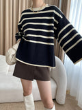 Striped Big Size Knitting Sweater Loose Fit Round Neck Long Sleeve Women Pullovers New Fashion Autumn Winter 2023