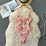 Women Butterfly Embroidery Bodysuits Transparent Mesh Camis Jumpsuits French Underwear Lace Up Sexy Beach