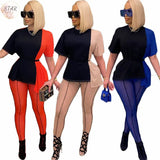 Piece Set Women Casual Outfits Short Sleeve Patchwork Top and Mesh Leggings Office Lady Streetwear Wholesale