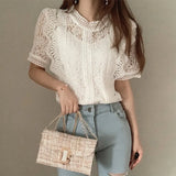 Top Retro Women's Summer 2025 New Lace Lace Hollow Shirt Temperament Slim Chic Short-Sleeved