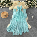 Sense Of Atmosphere Niche Holiday Dress Female Sense Hanging Neck Slinging Irregular Mesh Dress