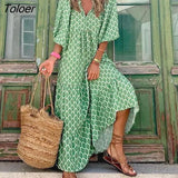 Retro Ethnic Print Dress New Spring Summer Half-sleeve Casual Dress Ladies Sexy V-neck Stitching Pleated Drape Maxi