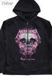 Hoodie Men Pink Skull Zip Streetwear Long Sleeve Y2K Sweater 2023 Harajuku Sweatshirt Anime Pattern Oversized Top