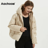 Aachoae Women Fashion Thick Warm PU Faux Leather Padded Jacket Coat Long Sleeve Hooded Parka Coat Female Elegant Outerwear