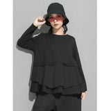 Women Red Ruffles Hem Big Size Irregular T-shirt New Round Neck Long Sleeve Fashion Tide Spring Autumn 2023