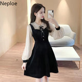 Vintage Velvet Black Dress Stand Neck Lantern Sleeve Party Robe High Waist Slim Vestidos Korean Elegant Dresses