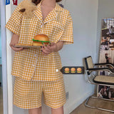 Sets Women Plaid Classic Retro Turn Down Collar Short Sleeve Loose Preppy Style Cozy Students Sleepwear Home Female