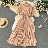 Summer Women Pleated Dress Vintage Round Neck Hollow Out Short Sleeve High Waist Casual Vestidos Elegant Draped Purple/Red