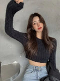 Graduation party Women Short Pullovers Mink Cashmere Crewneck Solid Knitted Sweater Sweet Girls Slim Fit Long Sleeve Striped Top Spring