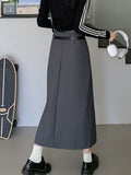 Vintage Belt Long Skirt Women Autumn 90s Aesthetic Streetwear Y2k High Waist Slim A-line Pleated Skirt Korean