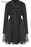 Fashion Women's Dress Solid Color Long Sleeve Patchwork Gauze Knee-length High Waist Bow Lace Dress Summer 2023 New