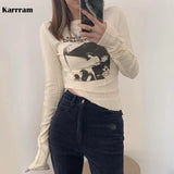 Casual Slim T-shirt For Women O Neck Long Sleeve Sexy Crop Top Grunge Letters Print Female Korean Fashion Clothing