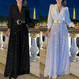 Long-Sleeved Temperament Elegant Waist Display Thin V-Neck Broad Leg Trousers Set Without