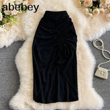 Women Knit Skirt Sexy Drawstring Ruched Irregular Midi Skirt Fashion Streetwear Solid High Elastic Waist Party Club