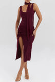Burgundy Sleeveless Mesh Slit Drape Midi Dress-Outfit