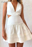 Sexy Plain Dress For Women V Neck Sleeveless High Waist Cut Out Mini A Line Dresses Female 2023 Summer Fashion Clothing
