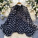 Top Spring Fashion Bow Tie With Lantern Sleeves Long Sleeves Loose Shirt