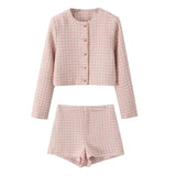 Pink Plaid Tweed Jacket And Shorts Set-Outfit