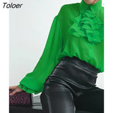 Green Chiffon Shirt Blouse Elegant Ruffle Lapel Lantern Sleeve Spring Women'S Blouse Casual Fashion Buttons Down Tops