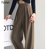 Brown Wide Leg Women Classic Suit Pants Vintage Palazzo Office Elegant Casual Black Trousers Female High Wasit