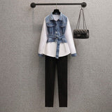 New Elegant Women's Pants Set Fashion Loose Denim Shirt Black Trousers Two Piece Set Leisure Sports