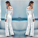 Women Elegant Jumpsuit One Shoulder Spaghetti Straps Solid Color Lace Open Back OnePiece Wide-leg Jumpsuits Long