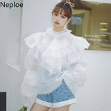 Temperament Blouse Women Chic Ruffled Collar Lace Shirts Fashion Puff Sleeve Elegant Blusas De Mujer Korean White