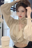 Temperament Tops Female V-neck Puff Sleeve Floral Blouse for Women Cropped Top 2023 Blusas Mujer De Moda Chic Sexy Shirts