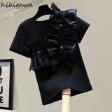 Shirts for Women Ruffles Patcheork Tshirt Fashion Sequins Y2K Tops White Black T-shirts Ropa Mujer Korean Summer