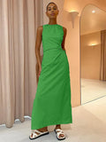 Summer Sleeveless Womens Green Party Dress Hollow Out Hole High Waist Long Dress Ladies Ankle-Length Bodycon