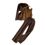 Printing Casual Set Of Women's Shawl Jacket + V Collar Bottom Knitted Shirt + Broad Leg Trousers Three