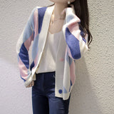 2022 V Neck Knitted Cardicon Sweater Female Winter Argyle Women's Sweater Coat Loose Vintage Knit Casual Jacket