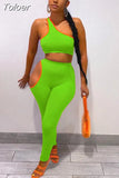 Color Fitness 2 Piece Workout Sets 2023 Woman One Shoulder Sleeveless Tank Crop Top and Side Cut Out Skinny Legging