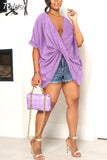 Front Draped Baggy Basic T-shirts for Women Simple Plunge V-neck Short Sleeve Tops Casual Summer Solid Irregular